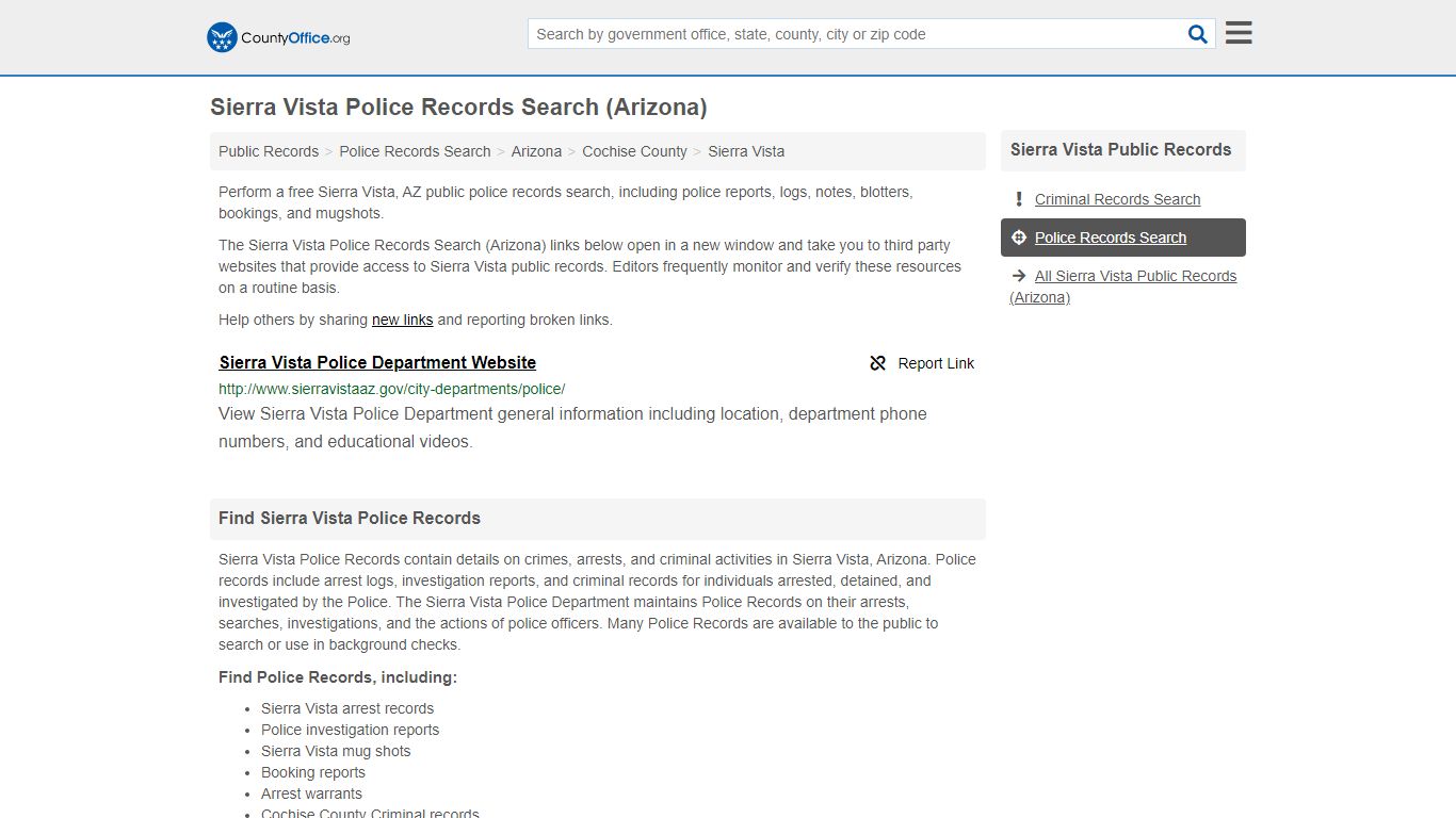 Sierra Vista Police Records Search (Arizona) - County Office